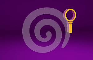 Orange Magnifying glass icon isolated on purple background. Search, focus, zoom, business symbol. Minimalism concept. 3d