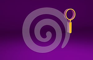 Orange Magnifying glass icon isolated on purple background. Search, focus, zoom, business symbol. Minimalism concept. 3d