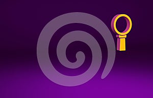Orange Magnifying glass icon isolated on purple background. Search, focus, zoom, business symbol. Minimalism concept. 3d