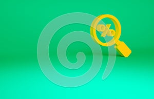 Orange Magnifying glass with percent icon isolated on green background. Discount offers searching. Search for discount
