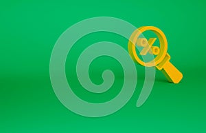 Orange Magnifying glass with percent icon isolated on green background. Discount offers searching. Search for discount