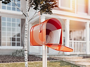 Orange mail box with big house on background, 3d rendering