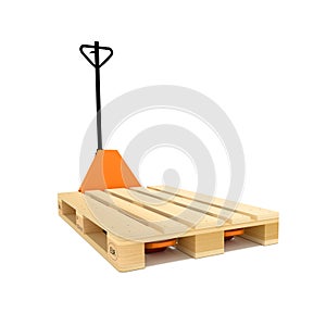 Orange manual hand hydraulic pallet truck and pallet
