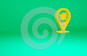 Orange Map pointer with house icon isolated on green background. Home location marker symbol. Minimalism concept. 3d