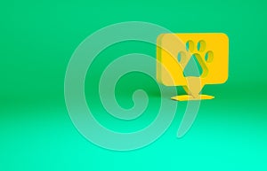 Orange Map pointer with veterinary medicine hospital, clinic or pet shop for animals icon isolated on green background