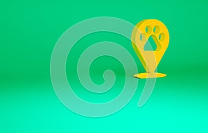 Orange Map pointer with veterinary medicine hospital, clinic or pet shop for animals icon isolated on green background