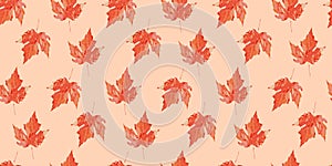 Orange maple leaf bright watercolor texture seamless pattern. Vector autumn fall background. Backdrop for Thanksgiving, Halloween