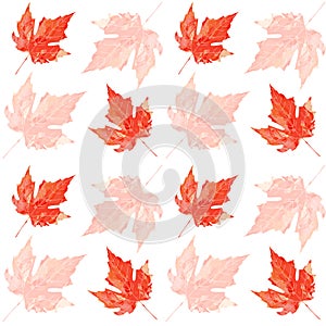 Orange maple leaf bright watercolor texture seamless pattern. Vector autumn fall background. Backdrop for Thanksgiving, Halloween