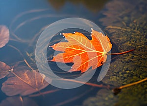 Orange maple leaf floating in water