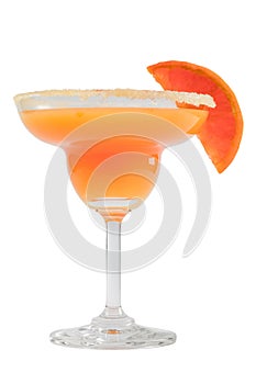 Orange margarita cocktail with alcoholic and orange fruits slice on top. Isolated on white background with clipping path selection