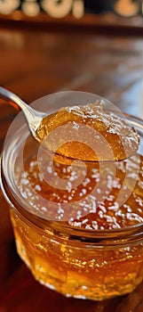 Orange marmalade. Spoon scooping homemade orange jam from a glass jar surrounded by fresh oranges