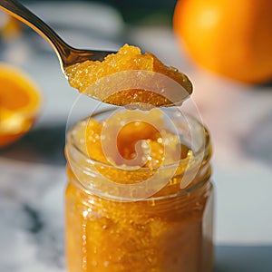 Orange marmalade. Spoon scooping homemade orange jam from a glass jar surrounded by fresh oranges