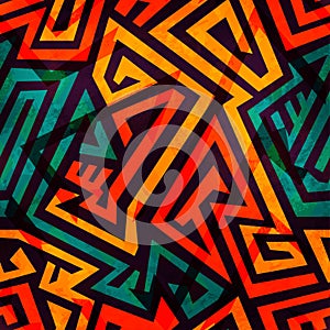 Orange maze seamless pattern with grunge effect