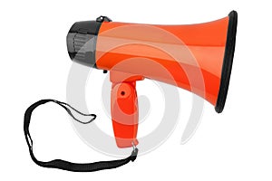 Orange megaphone on white background isolated close up, hand loudspeaker design, loud-hailer or speaking trumpet