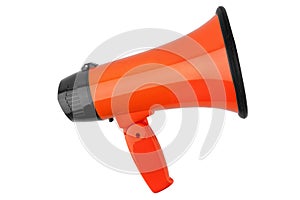 Orange megaphone on white background isolated close up, hand loudspeaker design, loud-hailer or speaking trumpet
