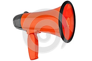 Orange megaphone on white background isolated close up, hand loudspeaker design, loud-hailer or speaking trumpet