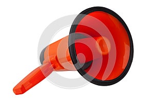 Orange megaphone on white background isolated close up, hand loudspeaker design, red loudhailer or speaking trumpet sign