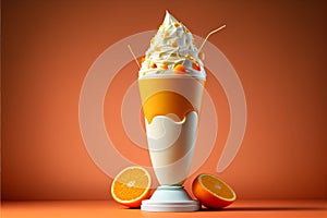 Orange milkshake with cream decorated with fruit