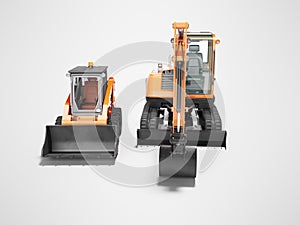 Orange mini crawler excavator and mini loader front view 3d render on gray background with shadow