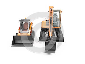 Orange mini crawler excavator and mini loader front view 3d render on white background with shadow