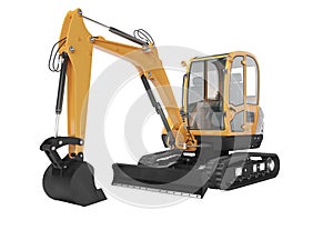 Orange mini excavator with hydraulic mechlopatoy on crawler rubber track with leveling bucket 3d render on white background no