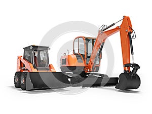 Orange mini excavator tracked on rubber run and mini loader on wheels rendering 3d render on white background with shadow
