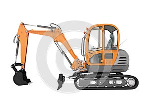 Orange mini tracked excavator left view 3d render on white background no shadow