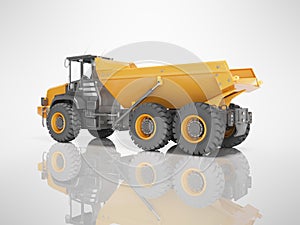 Orange mining dump truck isolated rear view 3D render on gray background with shadow