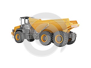 Orange mining dump truck isolated rear view 3D render on white background no shadow