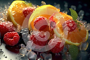 Orange, mint and raspberry fruit ice, refreshing fruity icecream, AI Generated