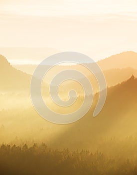 Orange misty morning, view over rock to deep valley full of light mist. Dreamy spring landscape within daybreak