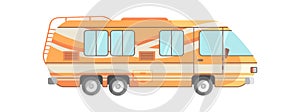 Orange mobile home. Family car on vintage vehicle, icon flat vector illustration