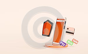 Orange mobile phone or smartphone with shield,blank search bar,magnifying isolated on pink background.Internet security or privacy