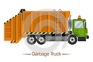 Orange modern garbage truck with green cab. Garbage disposal