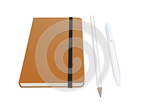 Orange moleskine or notebook with pen and pencil and a black strap front or top view isolated on a white background 3d rendering photo