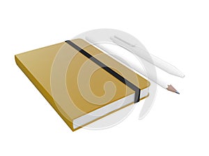 Orange moleskine or notebook with pen and pencil and a black strap front or top view isolated on a white background 3d rendering photo