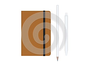 Orange moleskine with pen and pencil and a black strap front or top view isolated on a white background 3d rendering photo