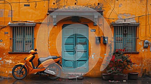 Orange motorcycle parked next to a blue door and window, AI-generated.