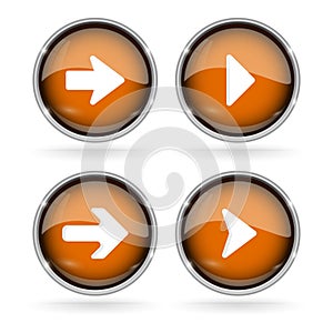 Orange Next buttons with chrome frame. Round glass shiny 3d icons with arrows