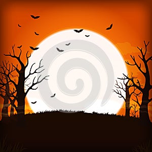 Orange night background with full super moon, clouds, bats and ba