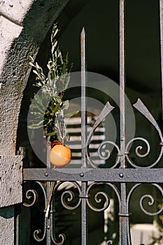An orange and an oak branch nailed to the door of a house. Badnjak is a national Serbian holiday, an analog of Christmas