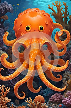 Orange octopus in the deep blue sea.