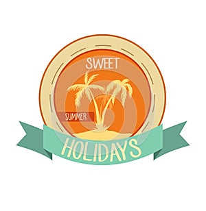 Orange old vintage emblem for web using or printing. Vector illustration with palm trees.