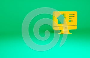 Orange Online real estate house on monitor icon isolated on green background. Home loan concept, rent, buy, buying a