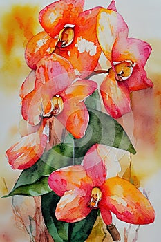 orange orchidea abstract watercolor painting on paper,muted colors, watercolor style, Ai generated