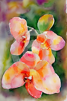 orange orchidea abstract watercolor painting on paper,muted colors, watercolor style, Ai generated