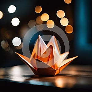 An orange origami flower sitting on a wooden table