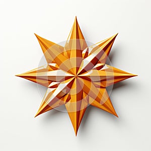 An orange origami star on a white surface, clipart on white background.