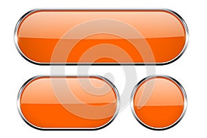 Orange oval glass buttons with metal frame. Set of 3d icons