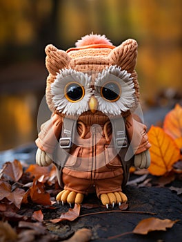 an orange owl wearing an orange jacket and hat sits on the ground